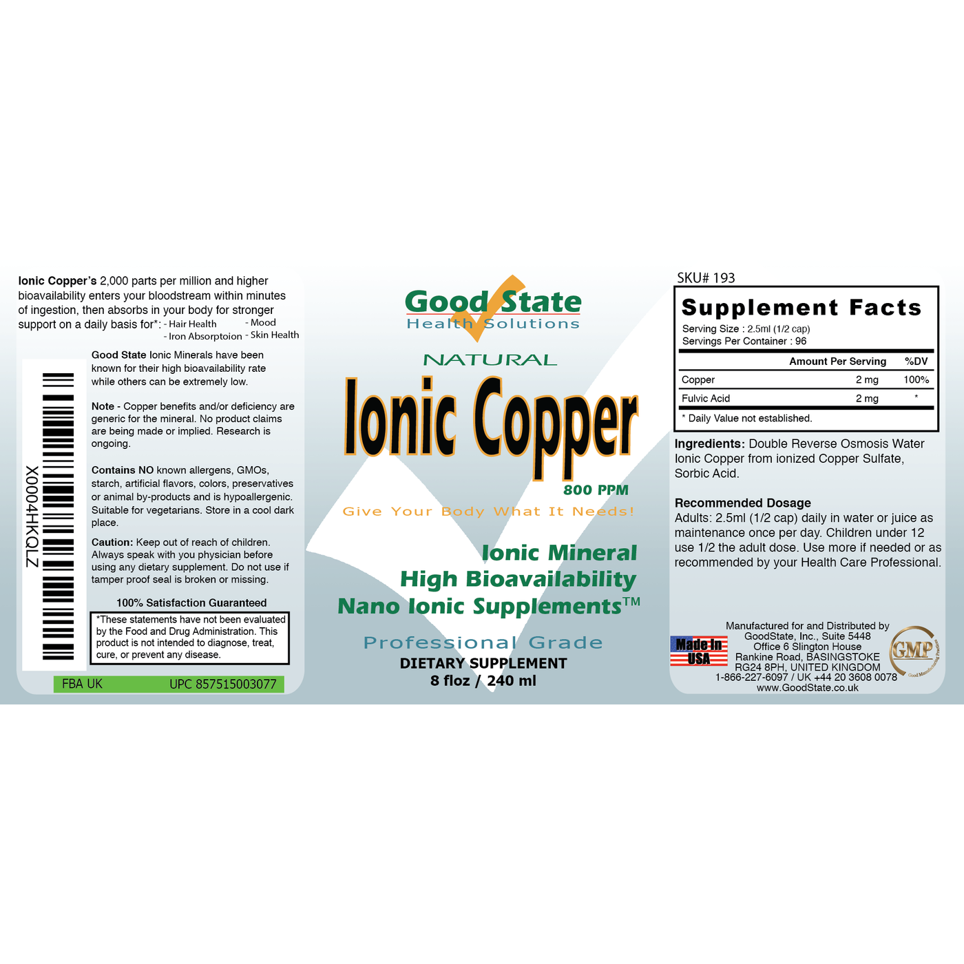 Professional Grade Liquid Ionic Copper Natural Mineral Supplement