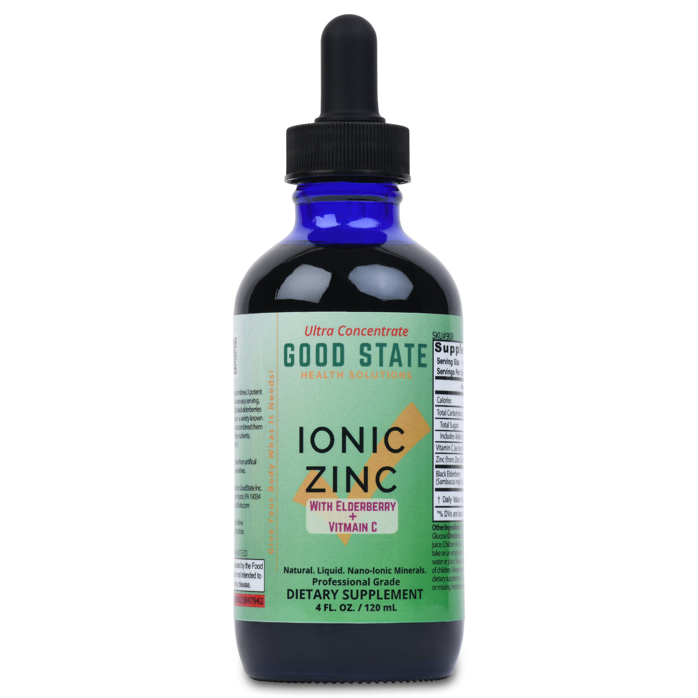 Liquid Ionic Zinc, Elderberry, + Vitamin C Supplement | Ultra Concentrate | 4 oz. Glass Bottle