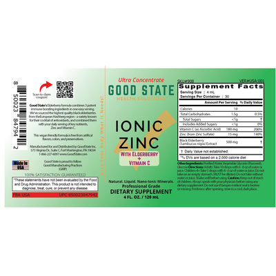 Liquid Ionic Zinc, Elderberry, + Vitamin C Supplement | Ultra Concentrate | 4 oz. Glass Bottle