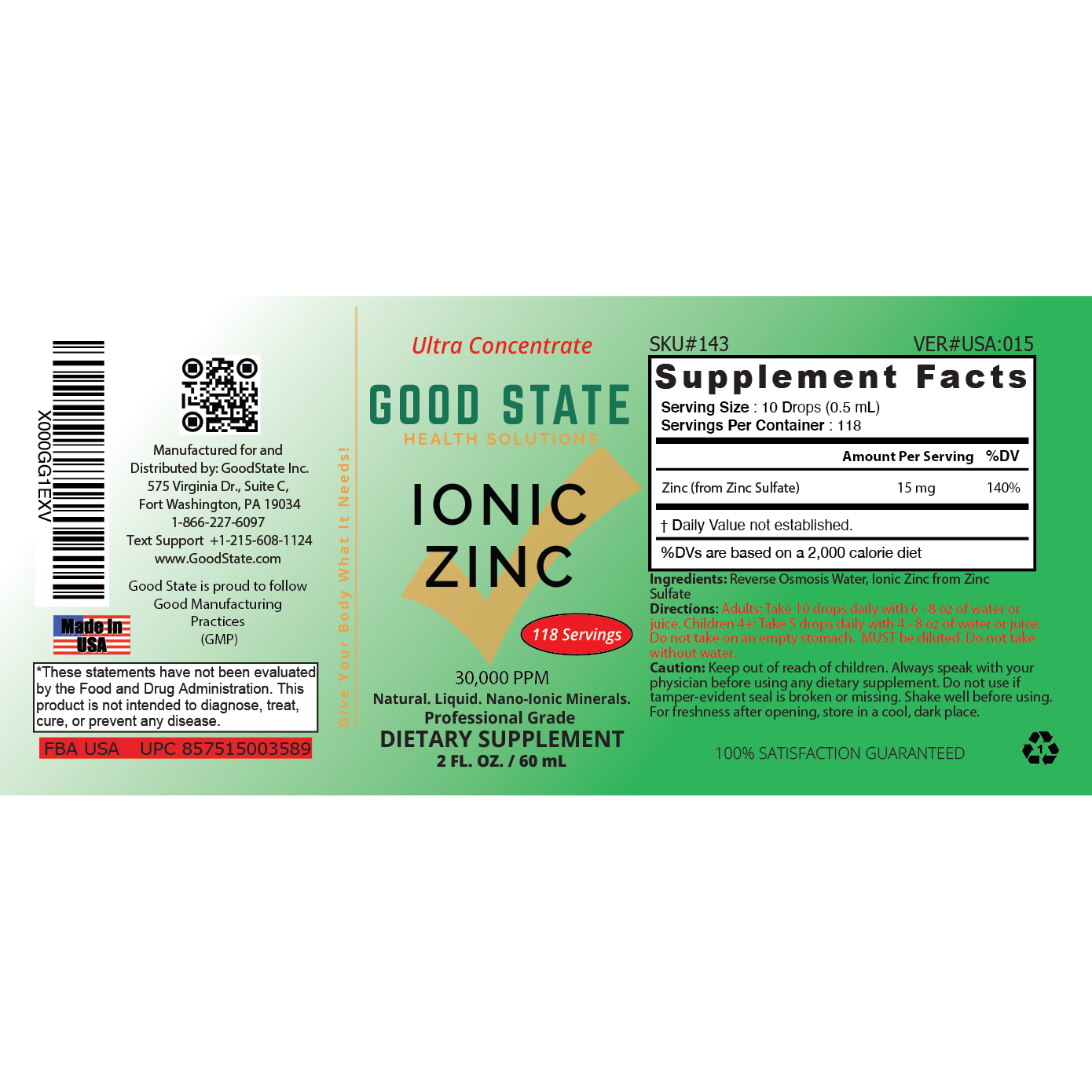 Liquid Ionic Zinc Ultra Concentrate by Good State for Immune Support | No-GMO Pure Dietary Supplement | Vegan and Children Safe | 2 fl oz 118 Servings