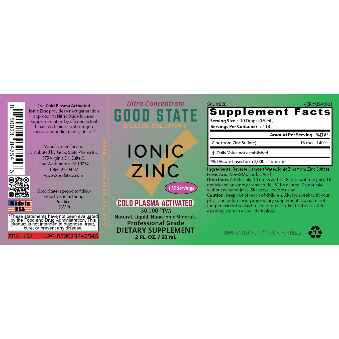 Cold Plasma-Activated Liquid Ionic Zinc Ultra Concentrate by Good State for Immune Support | No-GMO Pure Dietary Supplement | Vegan and Children Safe | 2 fl oz 118 Servings