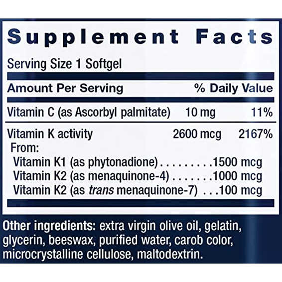 Super K - K1 (as phytonadione) K2 (as menaquinone-4) K2 (as trans menaquinone-7) 2600 mcg (30P)