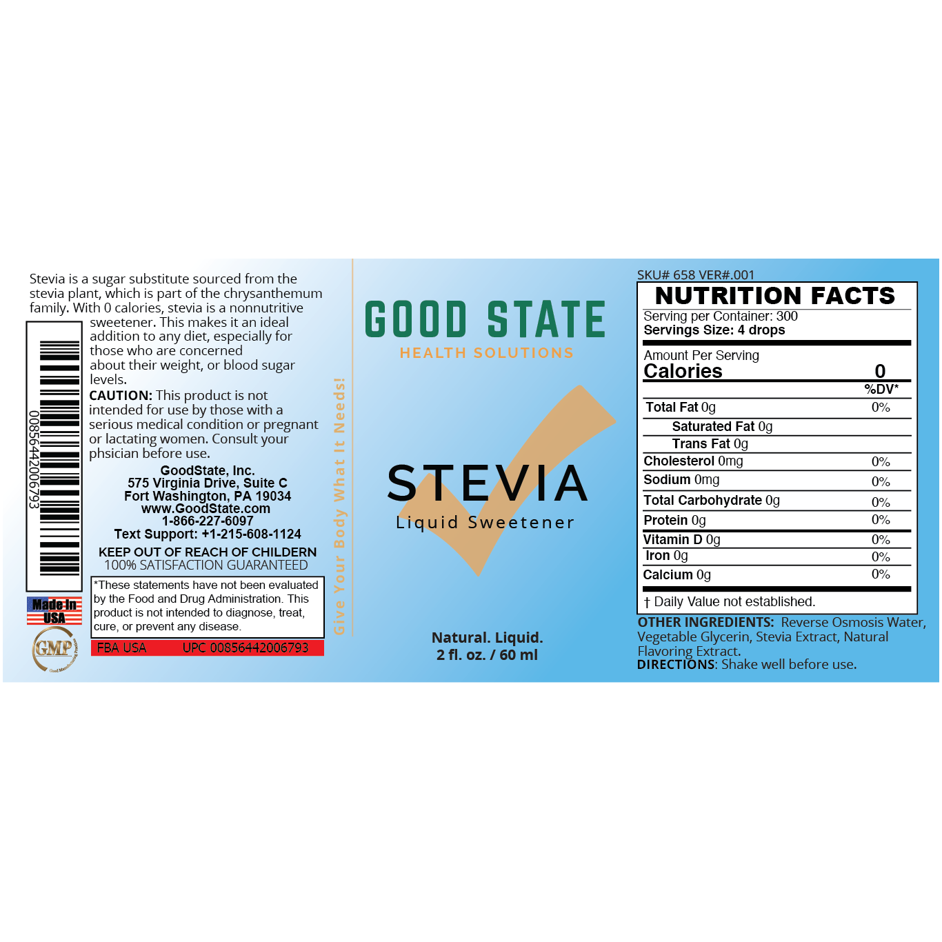 Good State Stevia Liquid Sweetener Nutrition Label